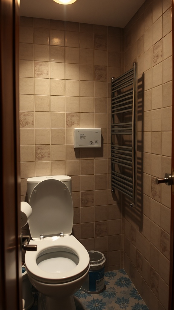 A small toilet room featuring a white toilet, towel radiator, and light-colored tiles.