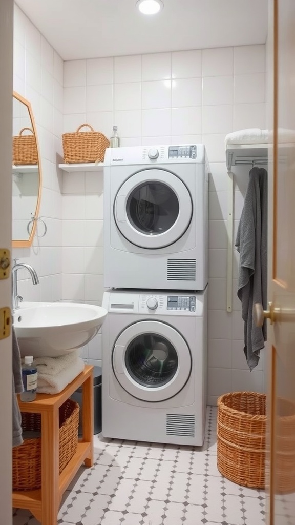 Compact bathroom featuring stacked washer and dryer, a sink on a wooden stool, and storage baskets.