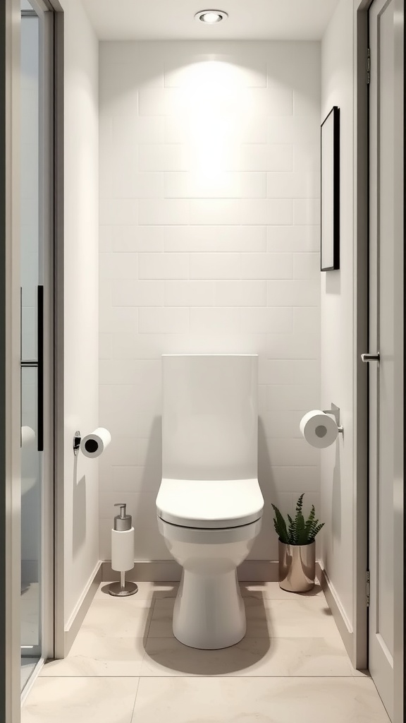 Compact toilet in a small modern bathroom with white tiles and subtle decor.