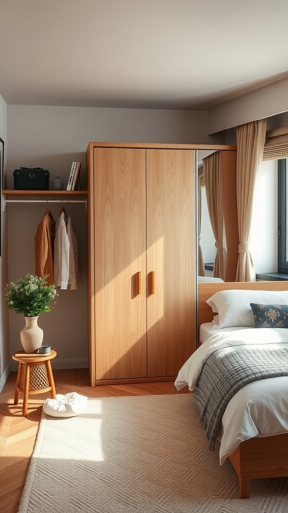 A compact wardrobe in a small shared bedroom, featuring wooden sliding doors and a hanging area.