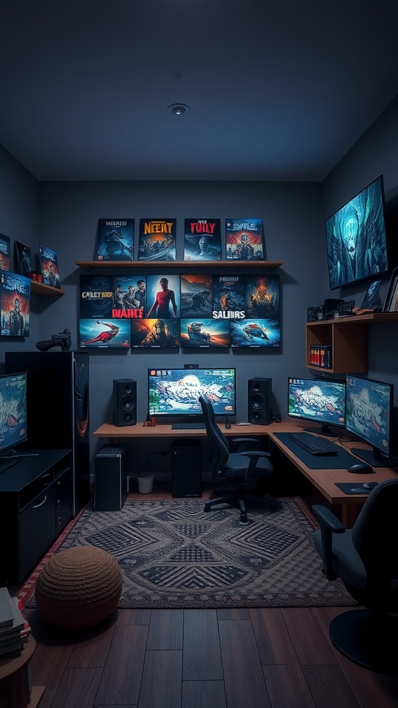 A cozy gaming room setup featuring multiple monitors, speakers, and gaming art on the walls.