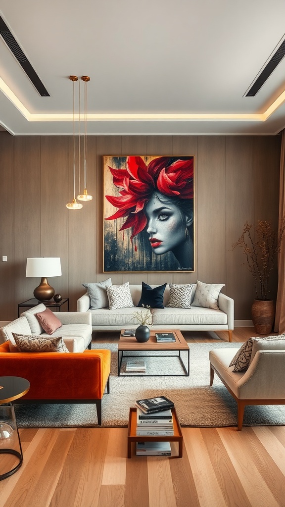 A contemporary living room featuring a bold piece of art with a woman and vibrant colors, complemented by stylish furniture.