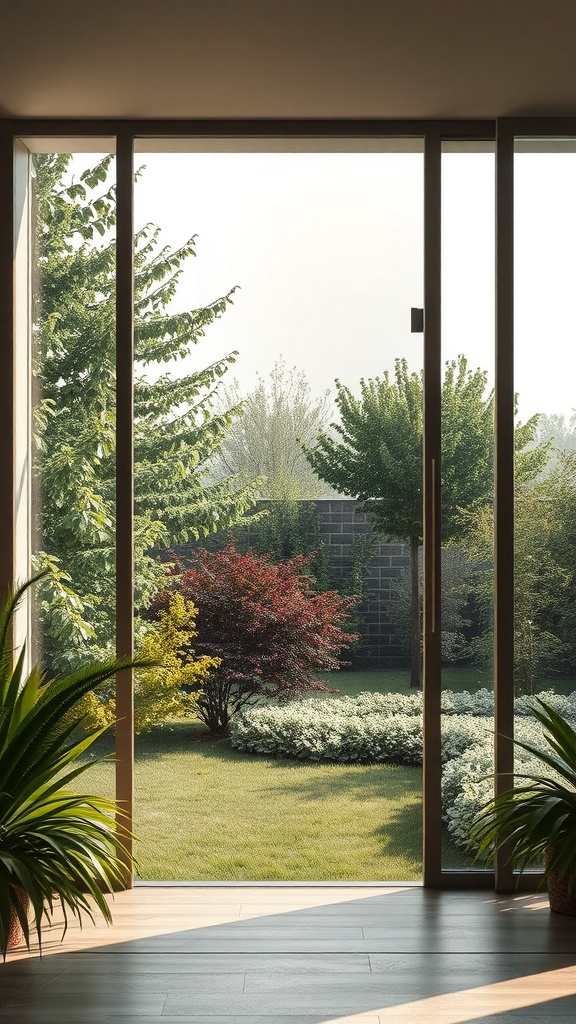 Contemporary glass door opening to a lush garden