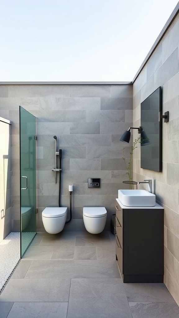 A modern outdoor bathroom suite featuring a glass shower, minimalist toilets, and a stylish sink area.