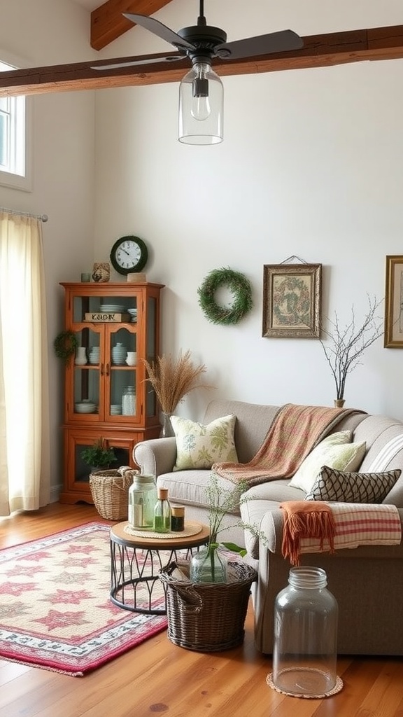 Cozy cottagecore living room with country-inspired accessories including a light sofa, woven baskets, and framed art.