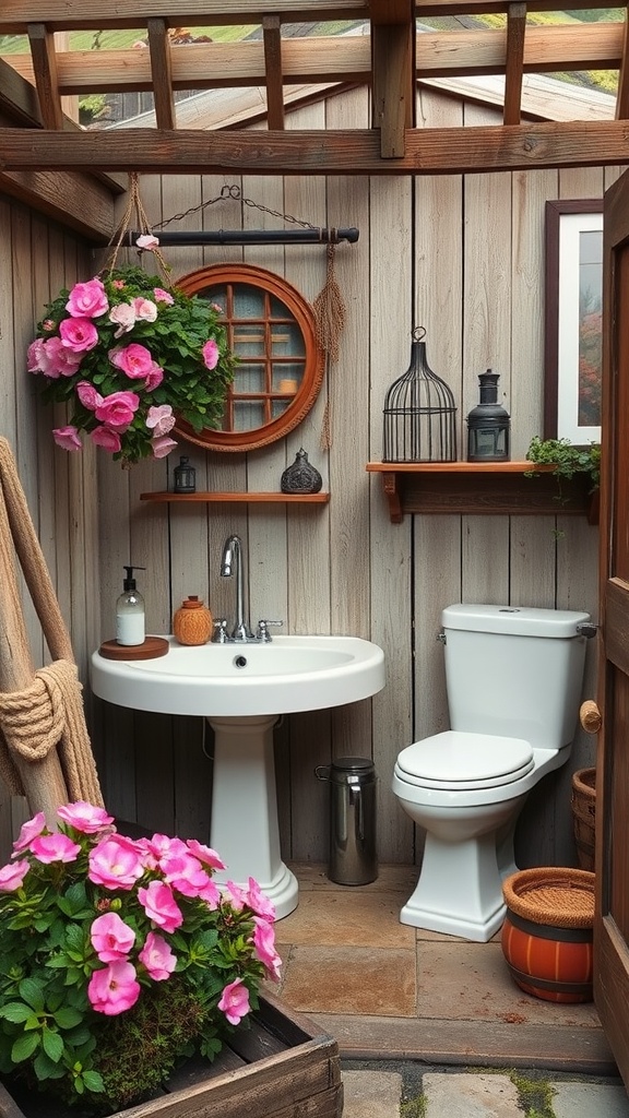 Cozy outdoor bathroom with wooden walls, a sink, and a toilet, decorated with hanging flowers and rustic accents.