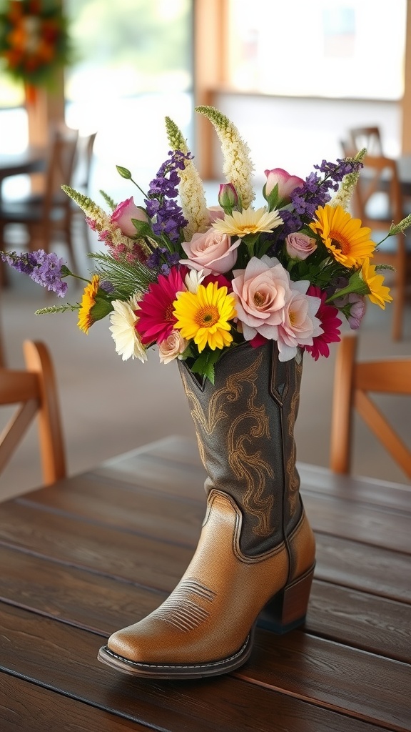 A cowboy boot filled with colorful flowers such as sunflowers, roses, and daisies, serving as a floral centerpiece.