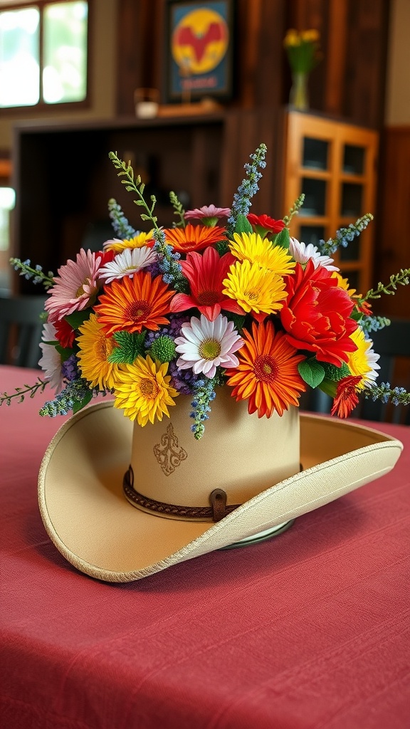 A cowboy hat filled with colorful flowers arranged as a centerpiece on a table.