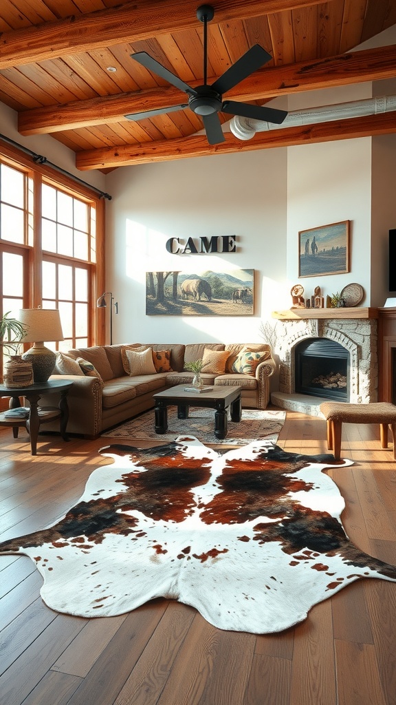 A cozy ranch-style living room featuring a cowhide rug, wooden beams, and a stone fireplace.