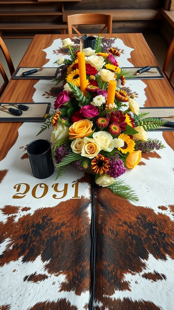 Cowhide table runner with a floral centerpiece and candles on a wooden table