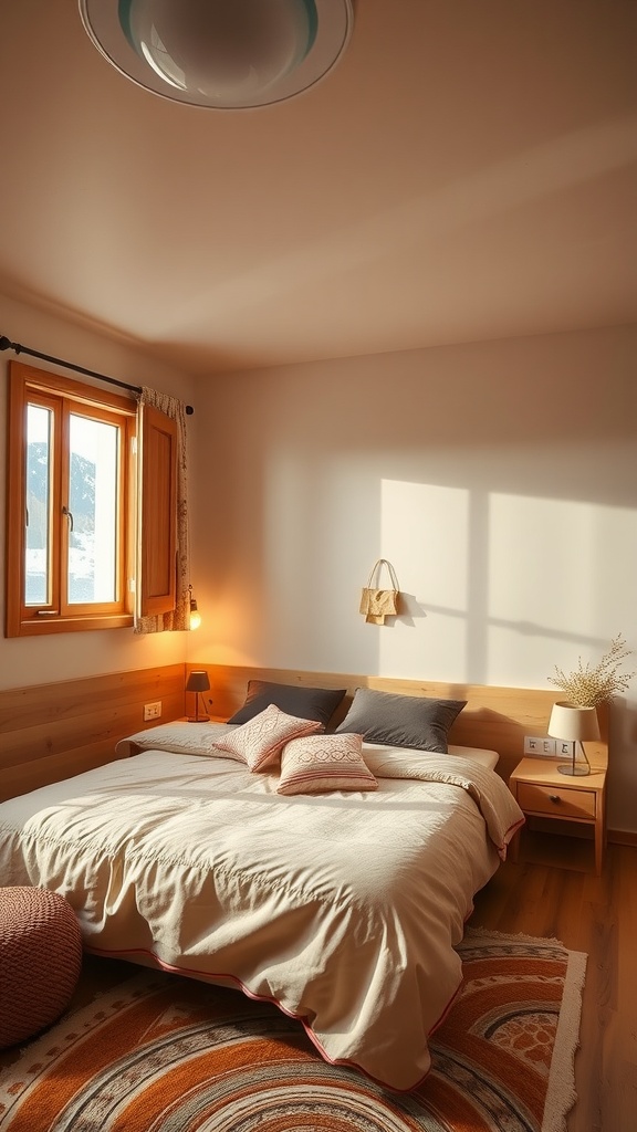 A cozy alpine bedroom with a large bed, wooden accents, and natural light streaming in through a window.