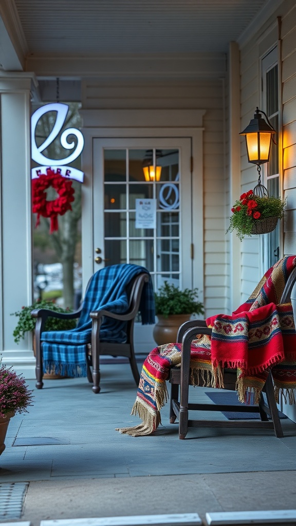 A cozy front porch with a red blanket on one chair and a blue plaid blanket on another, creating an inviting atmosphere.