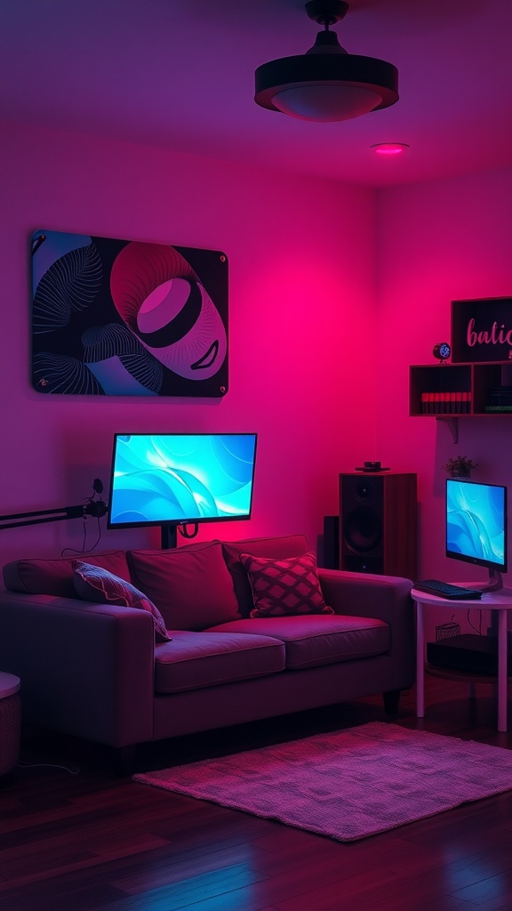 Cozy gaming corner with a couch, colorful pillows, two monitors, and soft lighting.