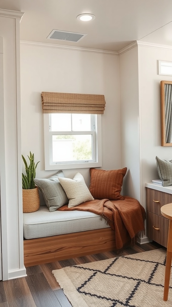 A cozy corner nook in a mobile home living room with a cushioned seat, throw pillows, and a potted plant by the window.