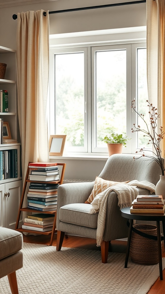 Cozy reading nook with gray armchair, throw blanket, and bookshelves