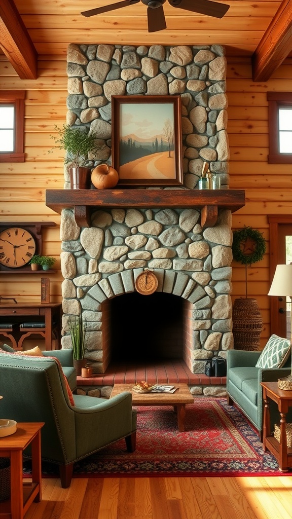 Cozy living room with a stone fireplace, wooden accents, and comfortable seating