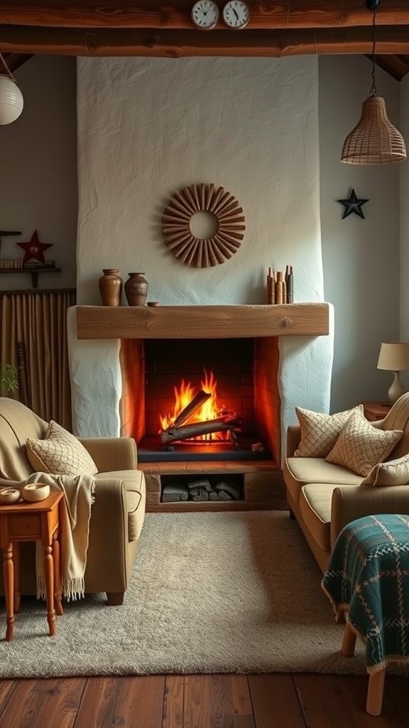 A cozy living room with a fireplace, beige couches, and a warm atmosphere.