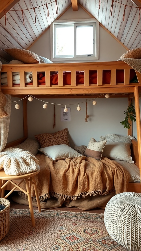 Cozy loft bed with warm textiles, featuring a wooden frame, soft blankets, and a comfortable seating area below.