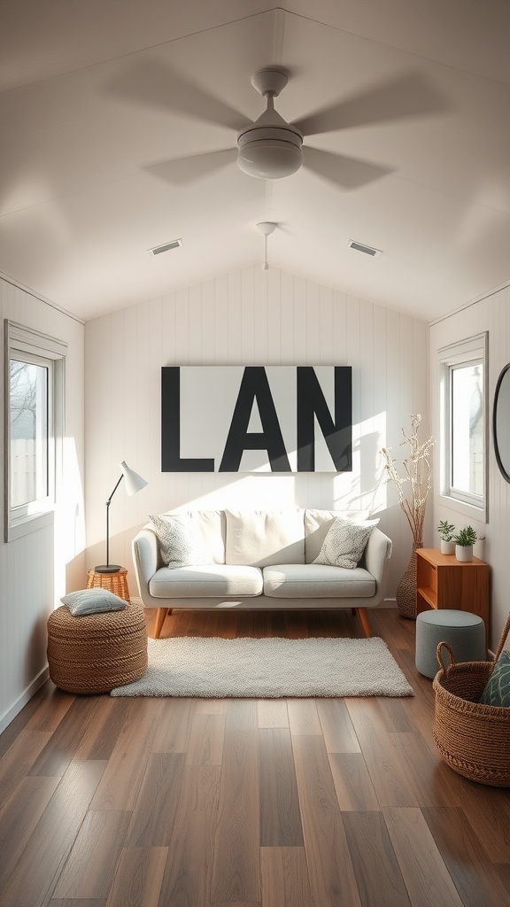 A cozy minimalist living room with a light color palette, large wall art, a comfy sofa, and natural lighting.