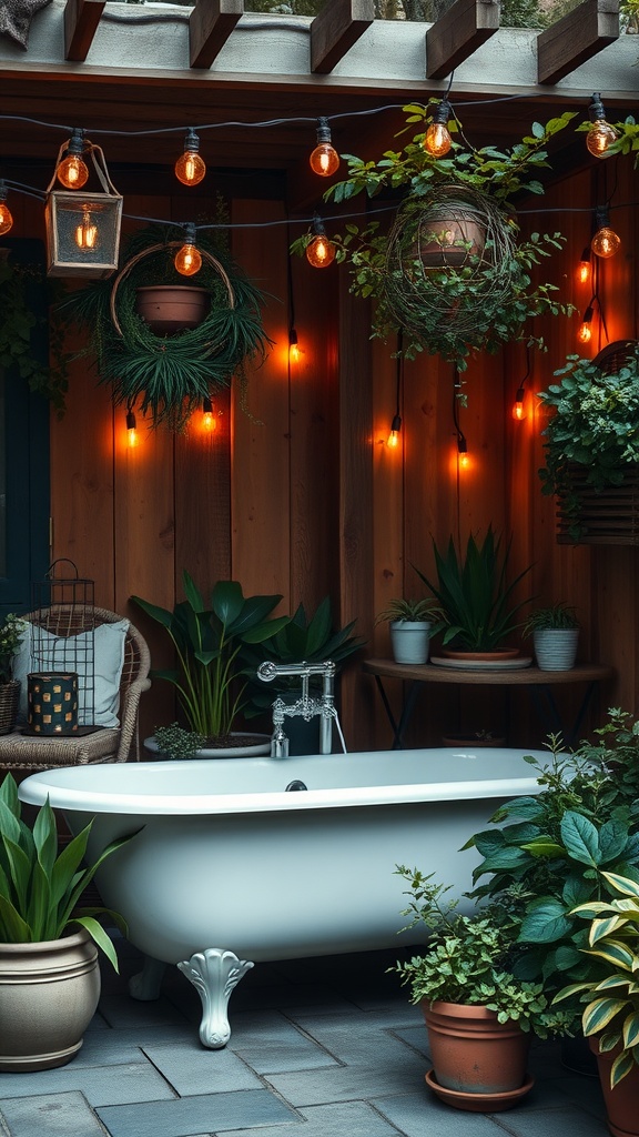 A cozy outdoor bathroom featuring a clawfoot tub surrounded by plants and warm lighting.