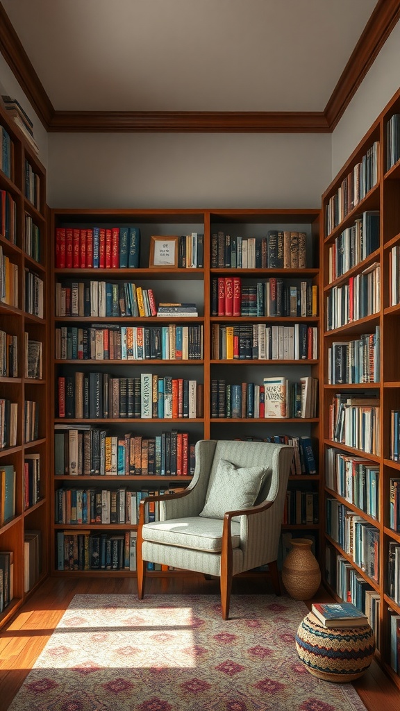 Cozy reading nook with bookshelves filled with books and a comfortable chair.