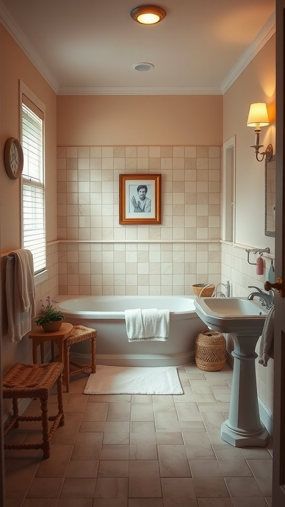 A warm bathroom with a cozy seating area, featuring a bathtub, two woven chairs, and soft lighting.