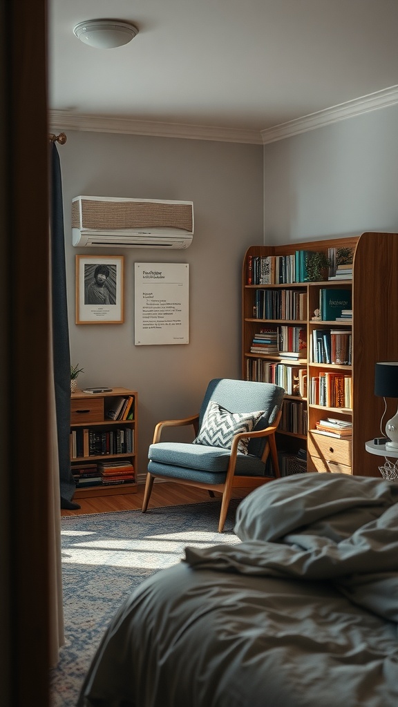 A cozy reading corner with an armchair, bookshelf, and warm lighting in a small bedroom.