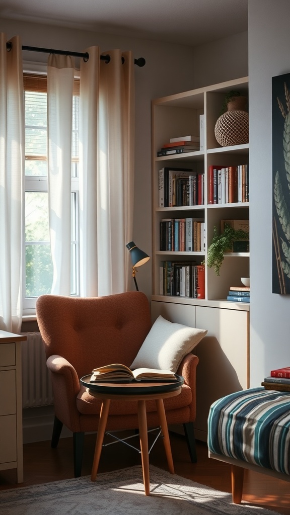 Cozy reading corner with an orange armchair, a side table with a book, and a bookshelf filled with books.