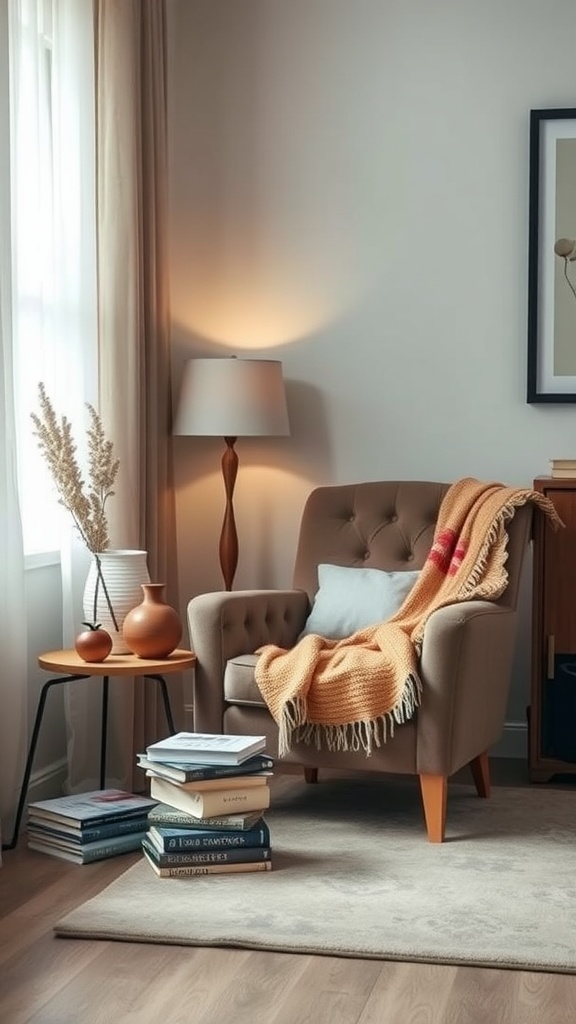 Cozy reading nook with a tufted armchair, warm blanket, and books stacked on the floor.