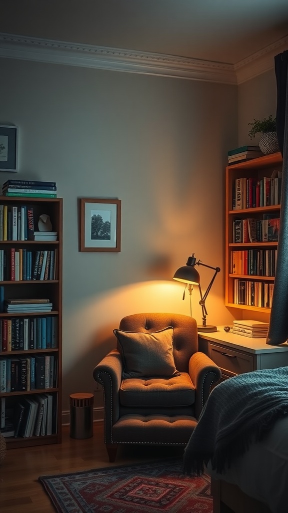 A cozy reading nook featuring an armchair, bookshelves, and warm lighting