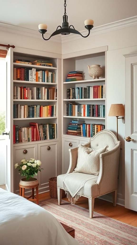 Cozy reading nook with an armchair, bookshelves, and a side table with flowers