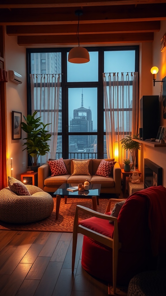 Cozy living room with a warm atmosphere, featuring a sofa with cushions, red chairs, bean bags, and large windows.