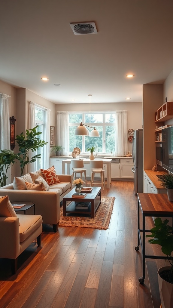 Cozy living room and kitchen merged into one inviting space with soft lighting and natural elements.