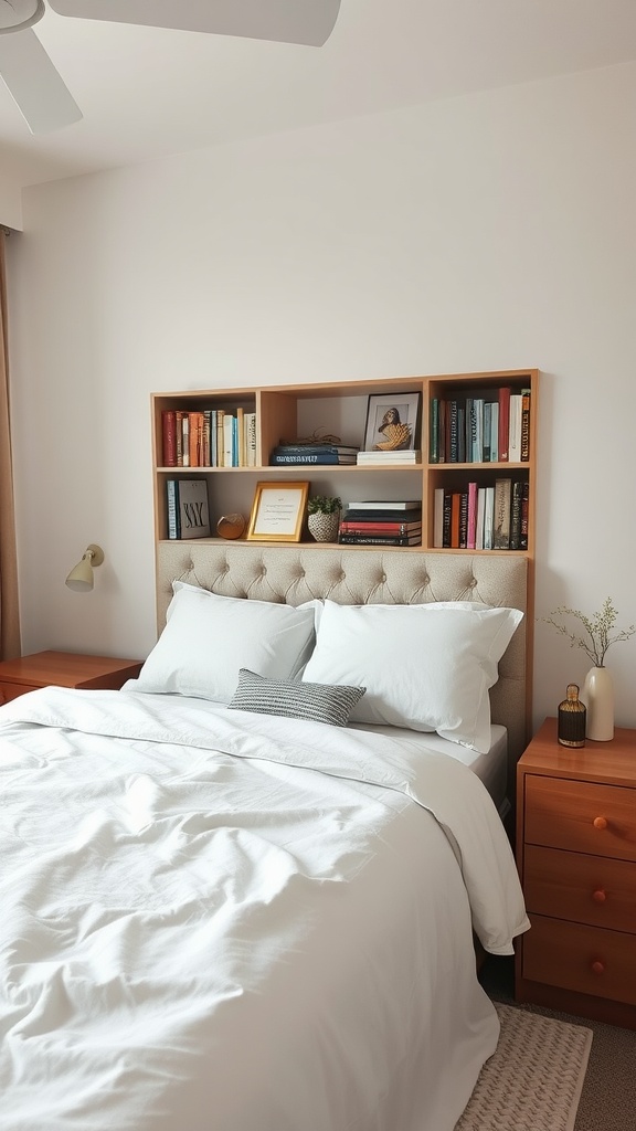 A small bedroom featuring a storage headboard with books and decorations, a neatly made bed, and wooden furniture.