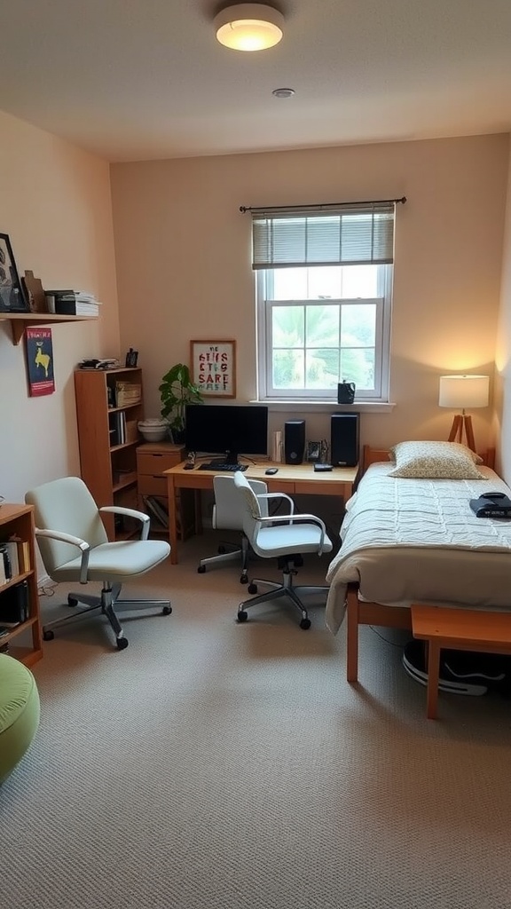 A small shared bedroom with a study space, featuring two desks, chairs, and a bed.