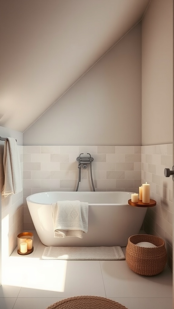 A small bathroom with slanted ceiling featuring a freestanding bathtub, candles, and natural textures.