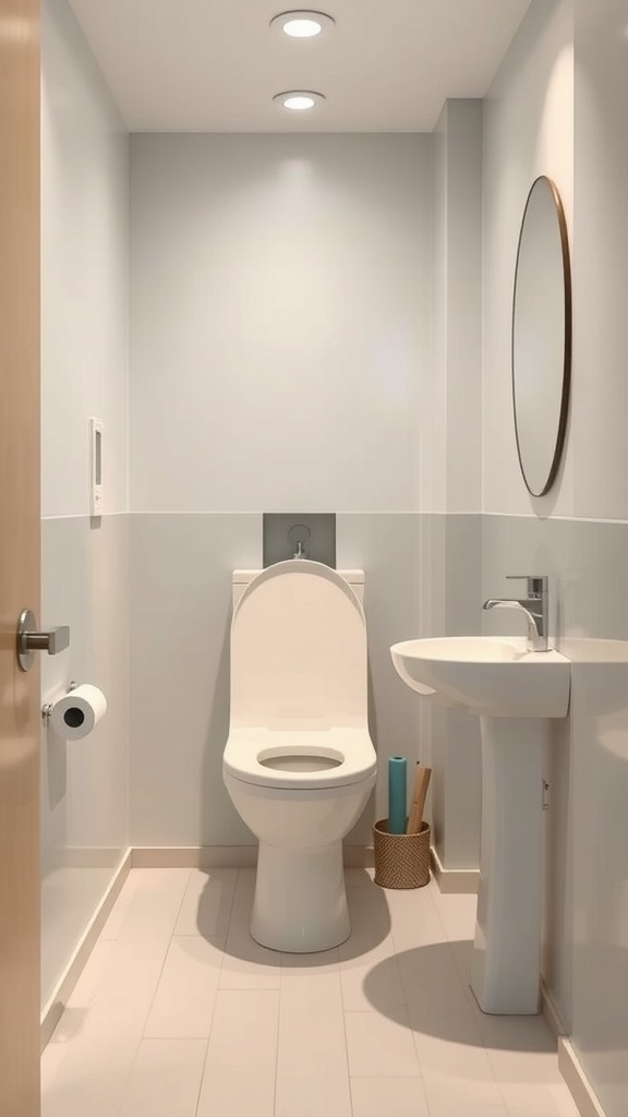 Small modern toilet room with minimalist design, featuring a toilet, sink, and mirror.