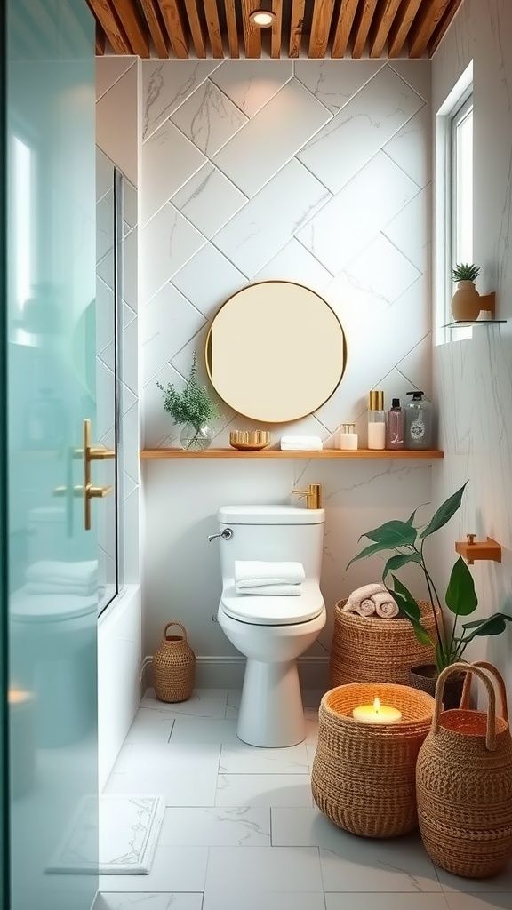 Small bathroom with slanted ceiling featuring a round mirror, wooden ceiling, plants, and candles.