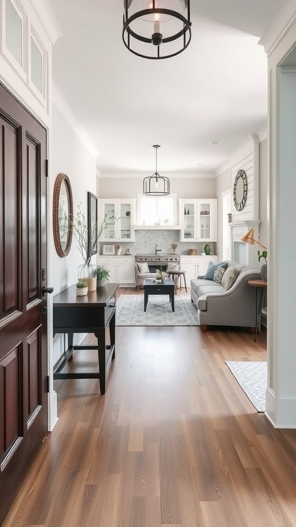 View of a welcoming entry point leading into a combined living room and kitchen, featuring a dark wooden door, light walls, and cozy furnishings.