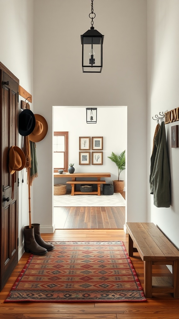 A welcoming entryway with a patterned rug, natural wood elements, and soft lighting leading into a cozy living room.