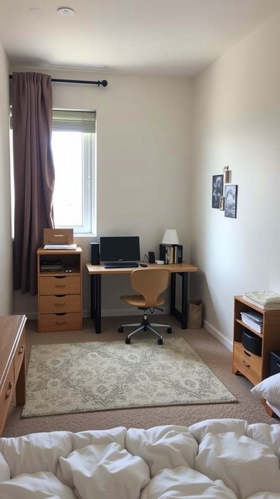 A small room with a workspace corner featuring a desk, chair, and storage units.