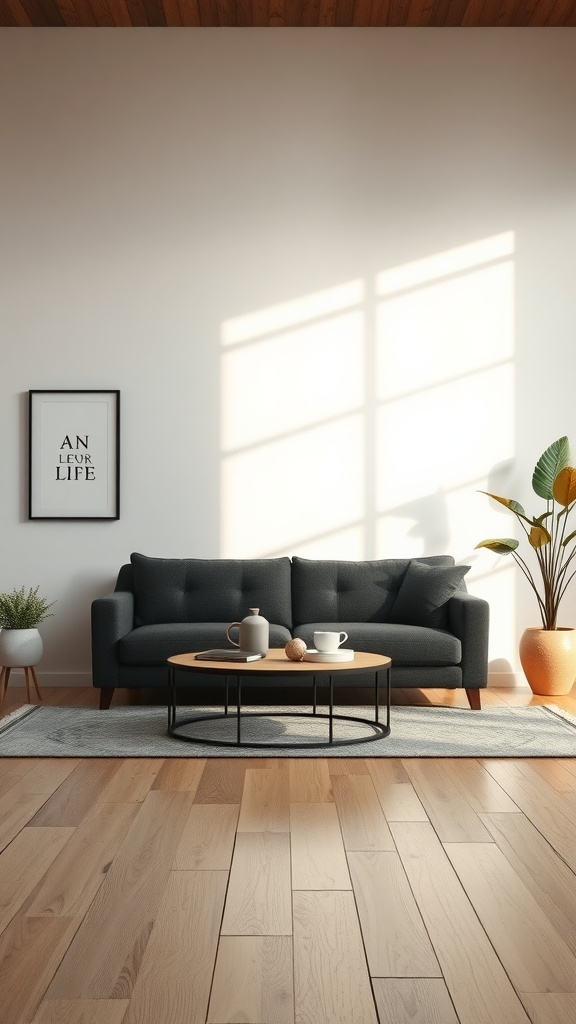 A cozy living room with a dark gray couch, a coffee table, and a plant, designed for a calm atmosphere.