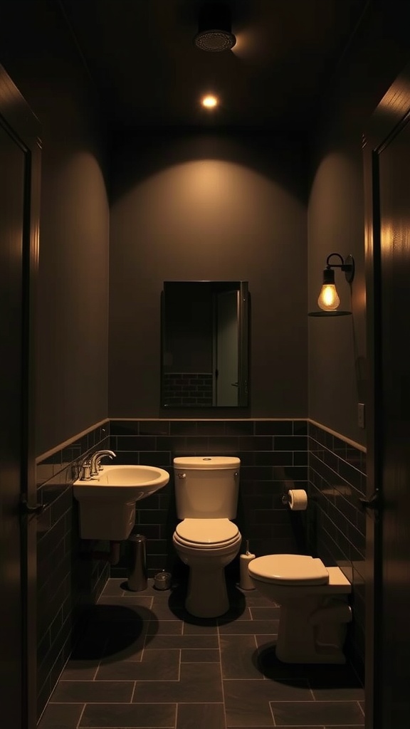 A small, dark bathroom featuring a modern toilet, sink, and stylish lighting.