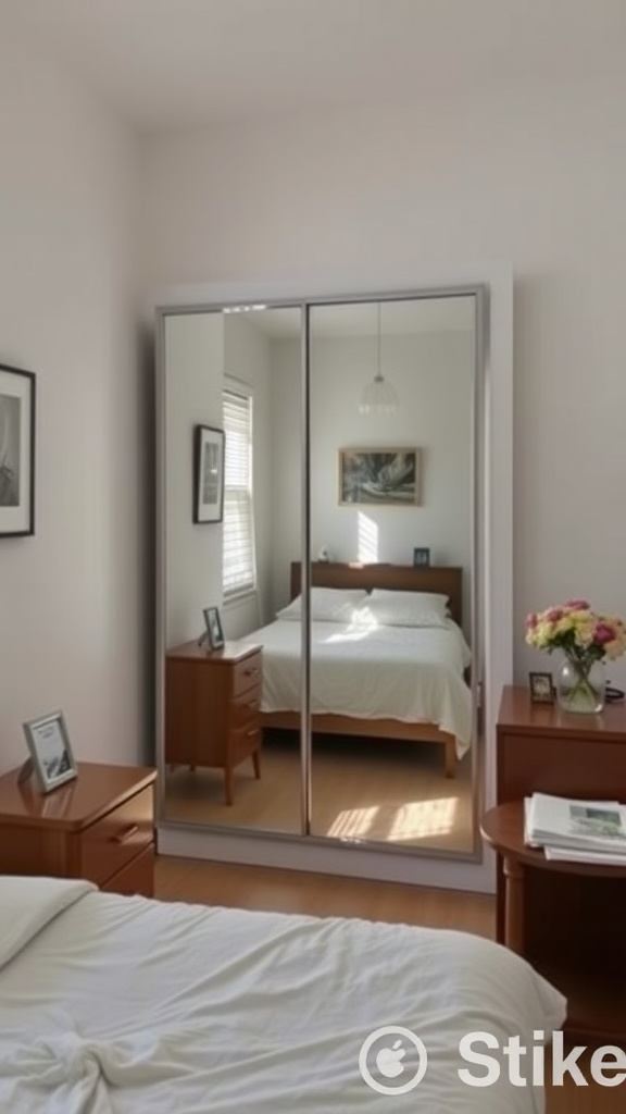 A cozy bedroom with a mirrored wardrobe reflecting light and enhancing the space.