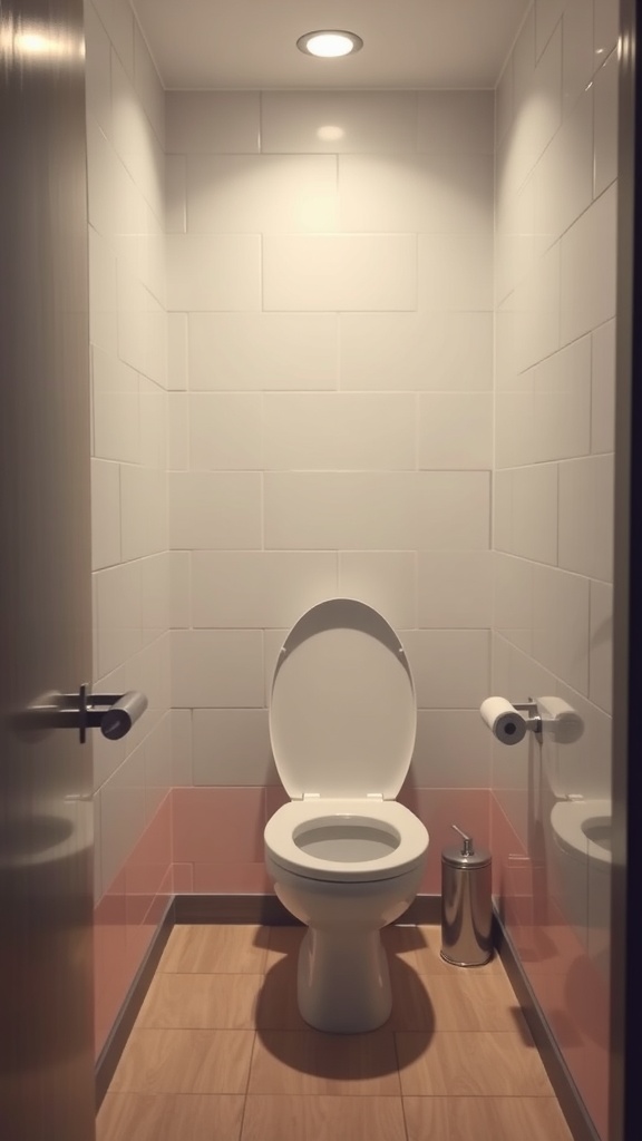 A small, clean toilet room with a white toilet, neutral tiles, and a tidy appearance.