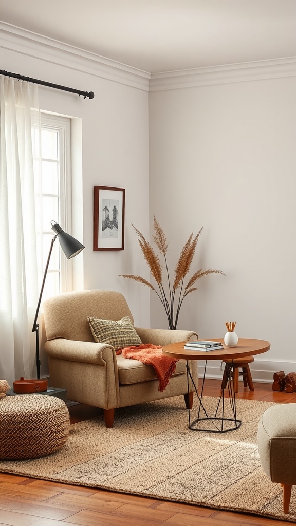 A cozy nook in a modern western living room featuring a comfortable armchair, a wooden coffee table, and decorative elements.