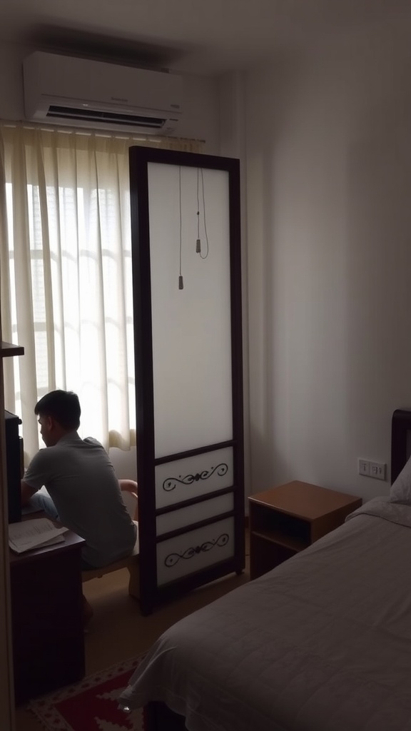 A small shared bedroom with a person sitting behind a room divider, creating personal space.