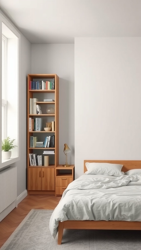 A cozy small bedroom featuring a tall bookshelf, bed with light bedding, and a nightstand, designed to maximize space.