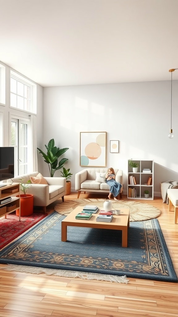 A stylish living room featuring multiple area rugs that create distinct zones, including a blue rug under a coffee table and a circular rug near seating.