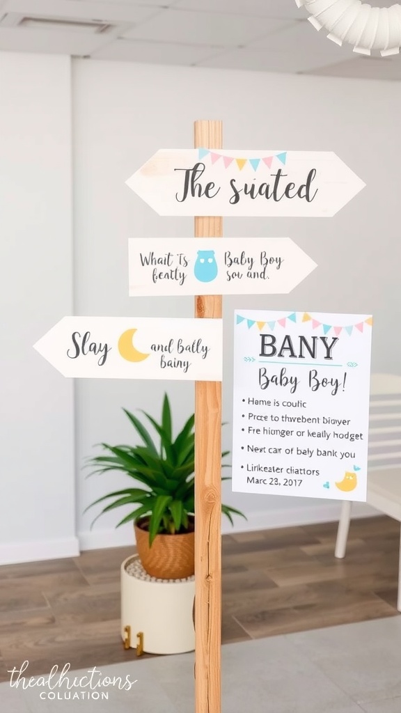 Wooden signpost with playful directional arrows for a baby shower